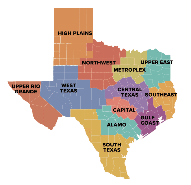 Map of Texas divided into the 12 economic regions defined by the Texas Comptroller of Public Accounts: High Plains, Northwest, Metroplex, Upper East, West Texas, Central Texas, Southeast, Upper Rio Grande, Capital, Alamo, Gulf Coast, and South Texas.